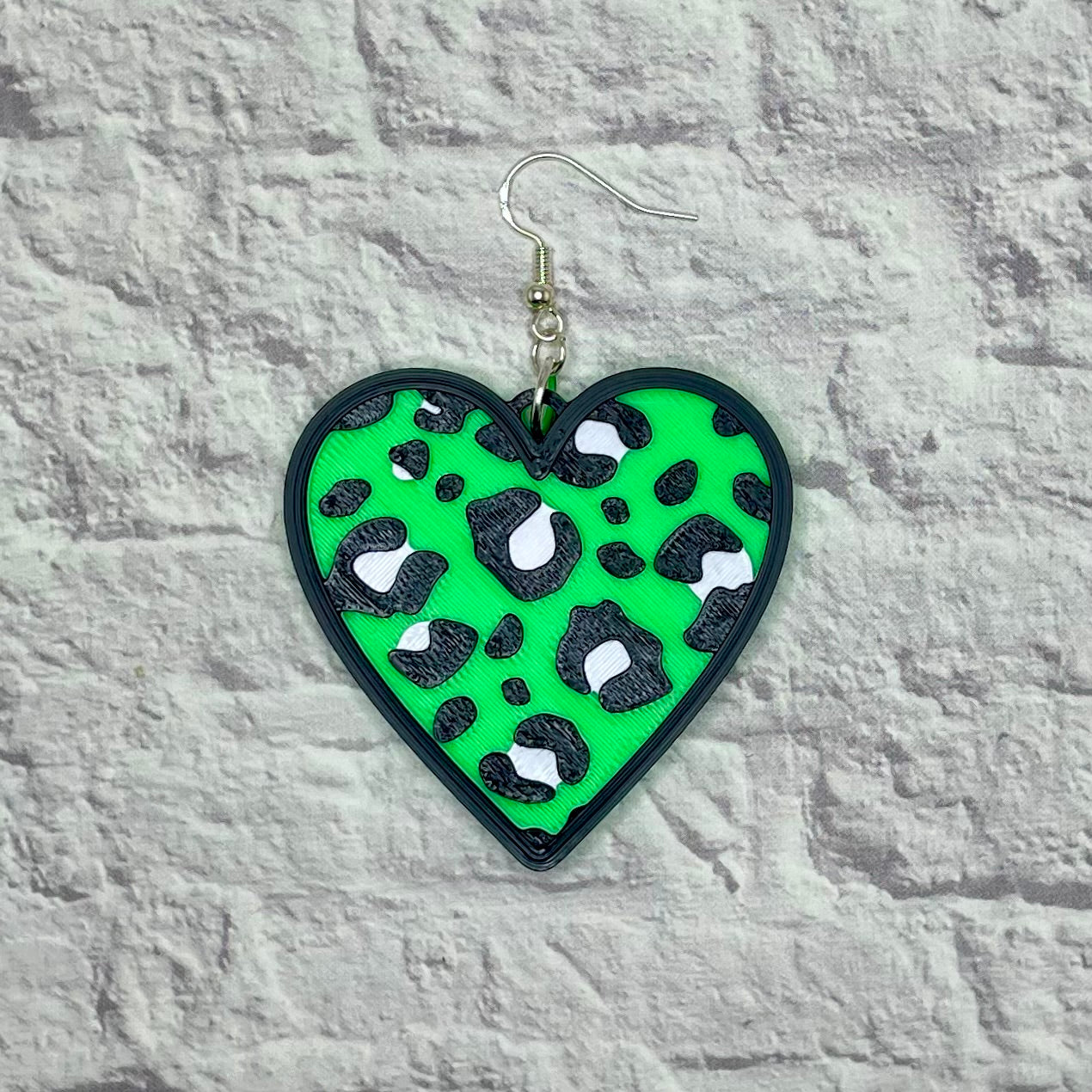 Leopard Print Neon Green Heart Statement Earrings or Keychain 3D Printed