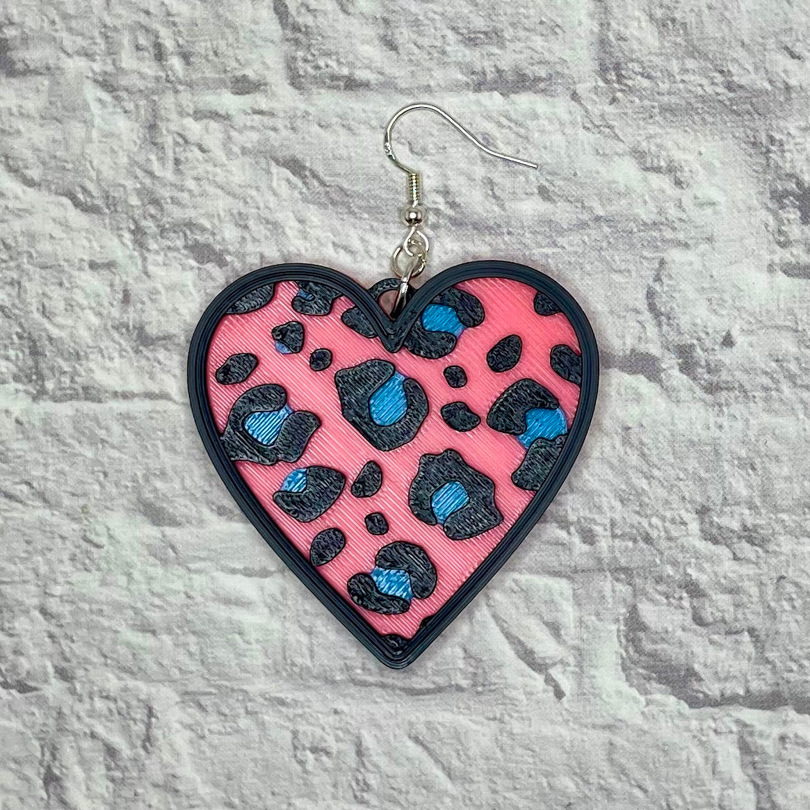 Leopard Print Pink Heart Statement Earrings or Keychain 3D Printed