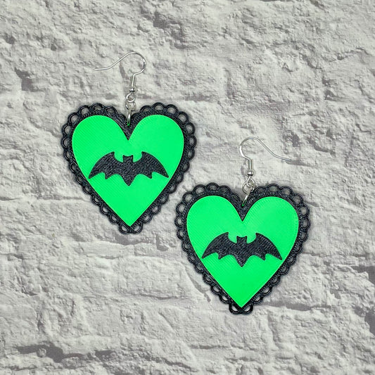 Bat Heart Spooky Statement Earrings or Keychain 3D Printed