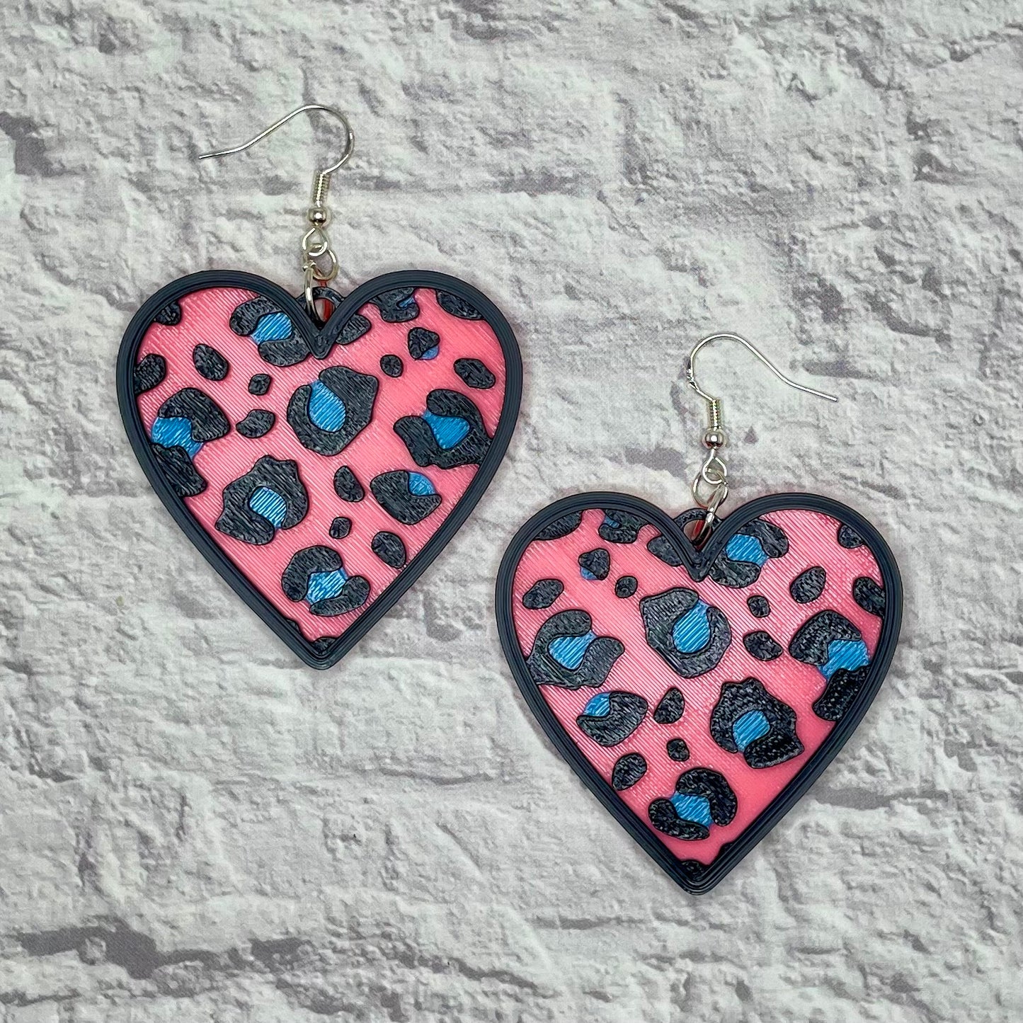 Leopard Print Pink Heart Statement Earrings or Keychain 3D Printed