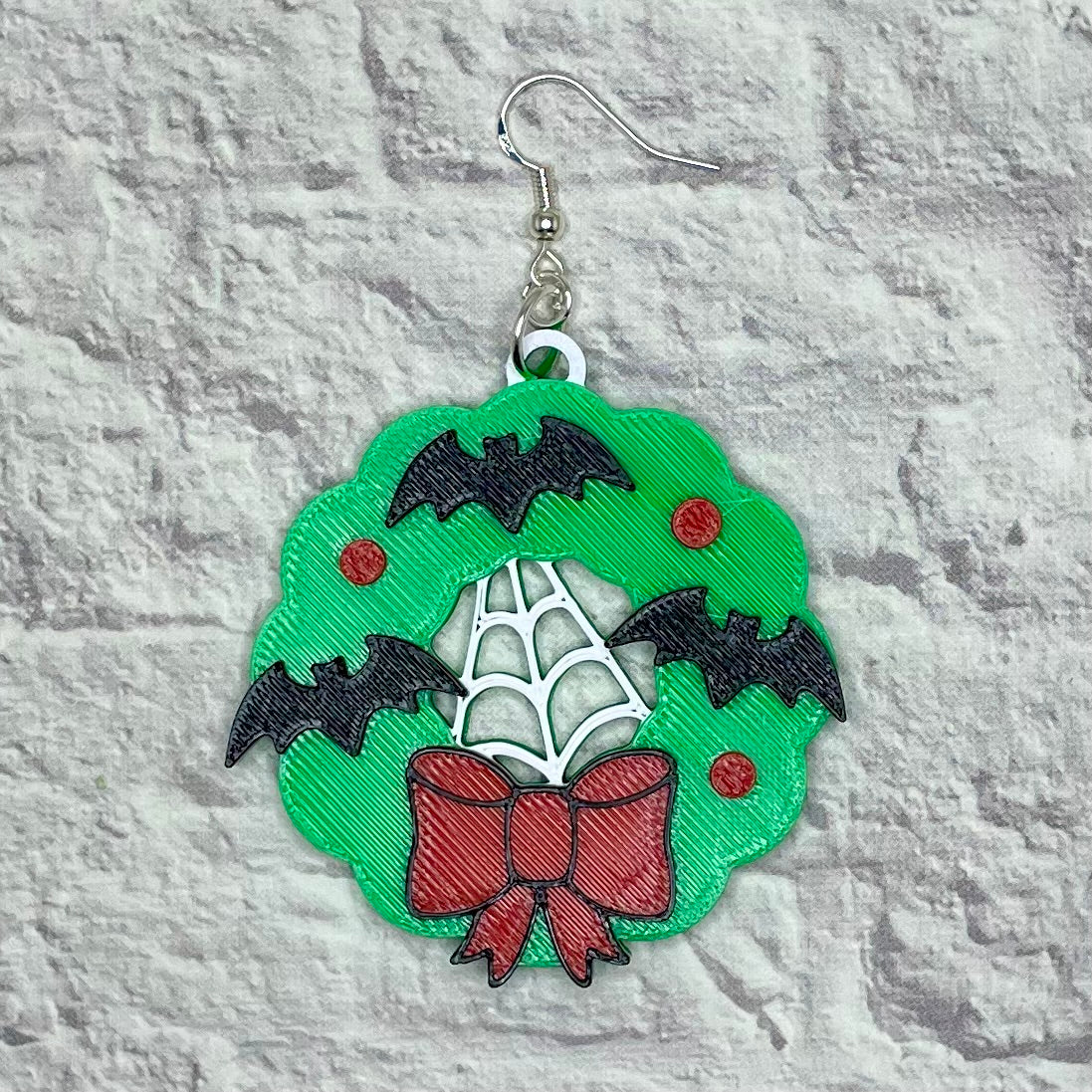 Creepmas Bat Wreath Statement Earrings or Keychain 3D Printed