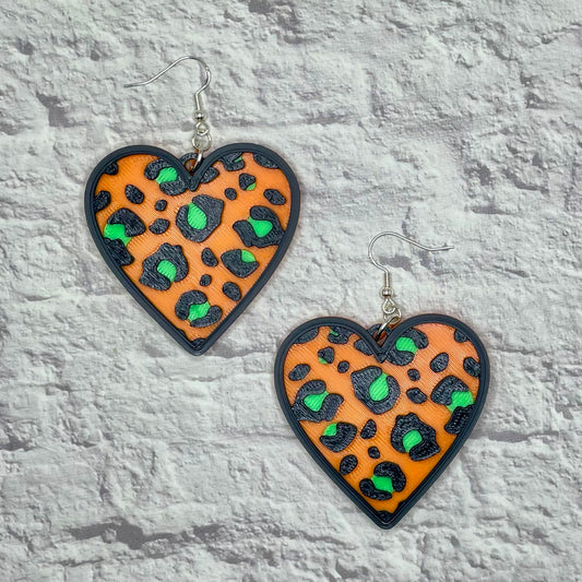 Leopard Print Orange Heart Statement Earrings or Keychain 3D Printed