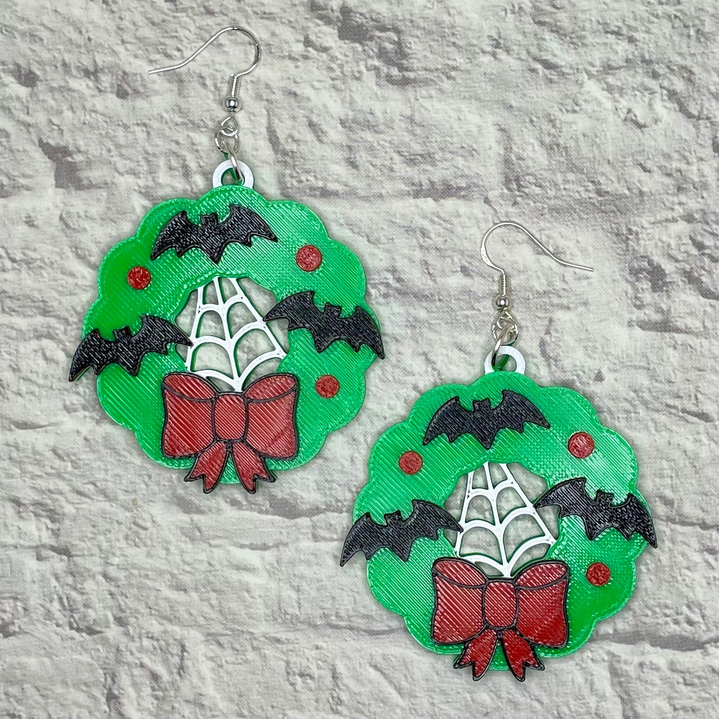 Creepmas Bat Wreath Statement Earrings or Keychain 3D Printed