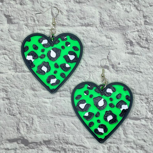 Leopard Print Neon Green Heart Statement Earrings or Keychain 3D Printed