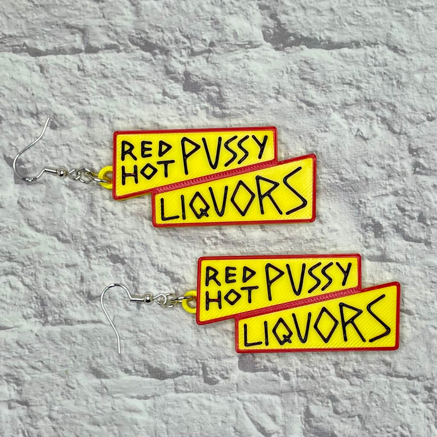 Red Hot Pussy Liquors Horror Statement Earrings or Keychain 3D Printed