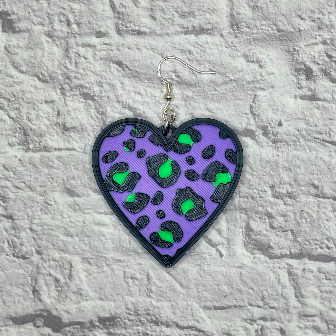 Leopard Print Purple Heart Statement Earrings or Keychain 3D Printed