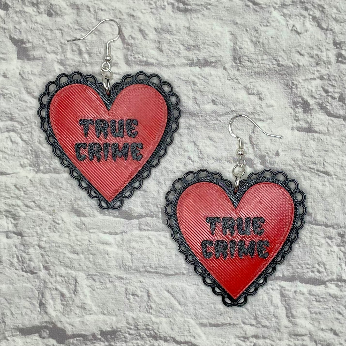 True Crime Heart Statement Earrings or Keychain 3D Printed