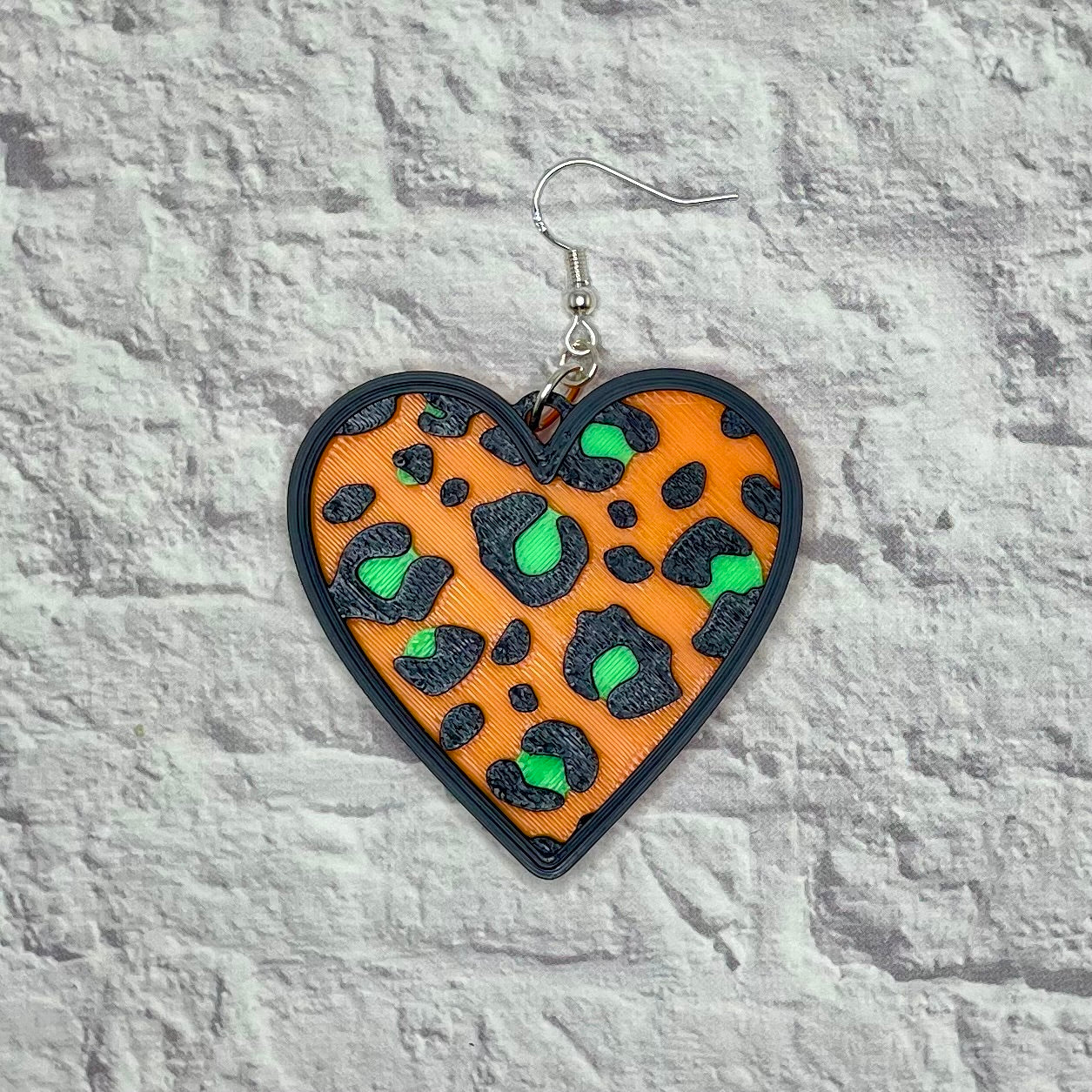 Leopard Print Orange Heart Statement Earrings or Keychain 3D Printed