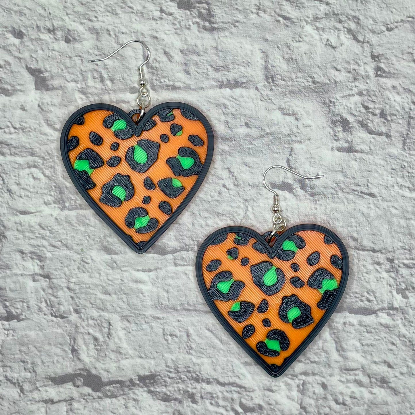 Leopard Print Orange Heart Statement Earrings or Keychain 3D Printed