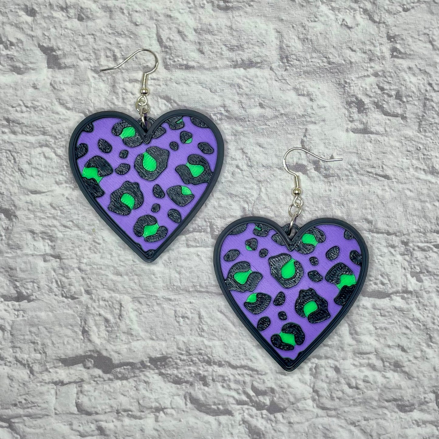 Leopard Print Purple Heart Statement Earrings or Keychain 3D Printed
